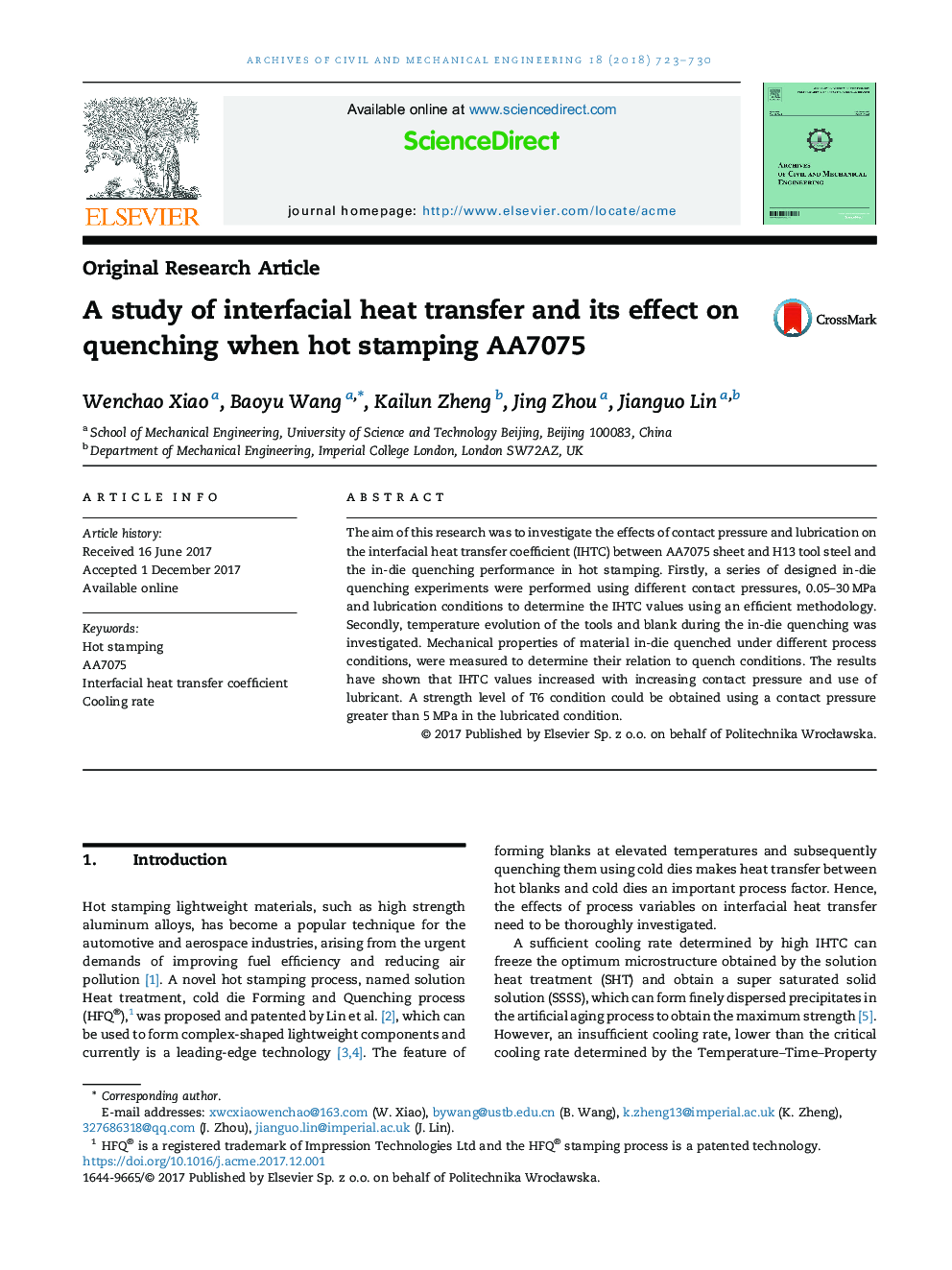 A study of interfacial heat transfer and its effect on quenching when hot stamping AA7075