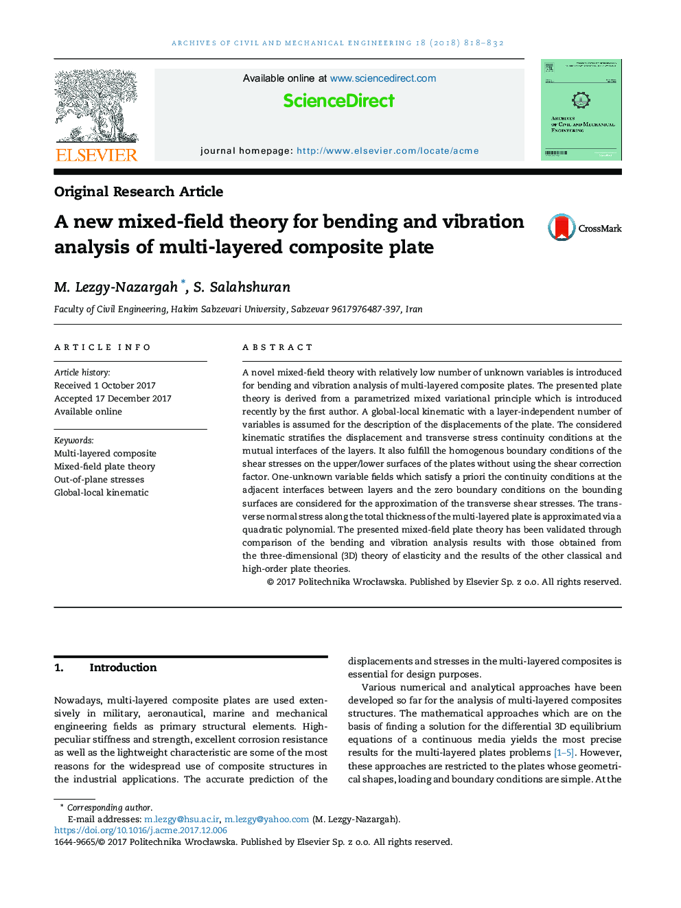 A new mixed-field theory for bending and vibration analysis of multi-layered composite plate