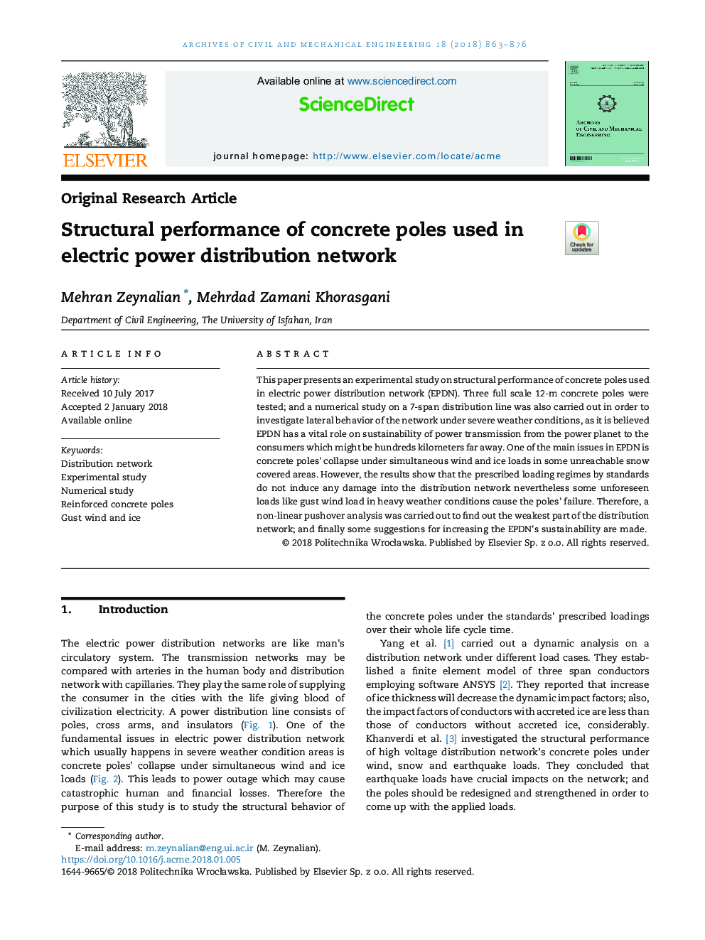 Structural performance of concrete poles used in electric power distribution network