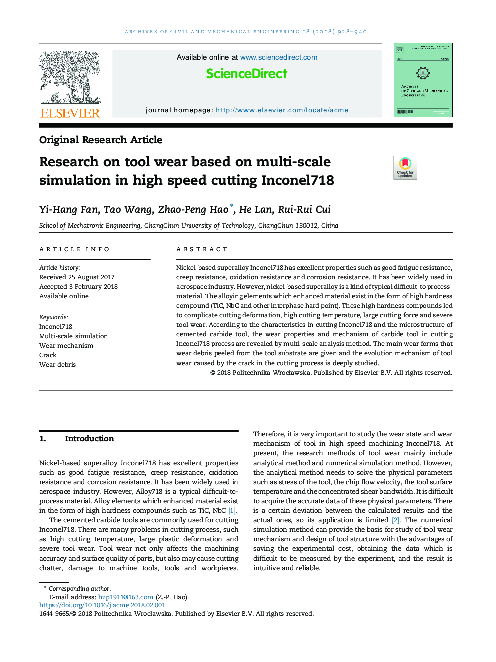 Research on tool wear based on multi-scale simulation in high speed cutting Inconel718