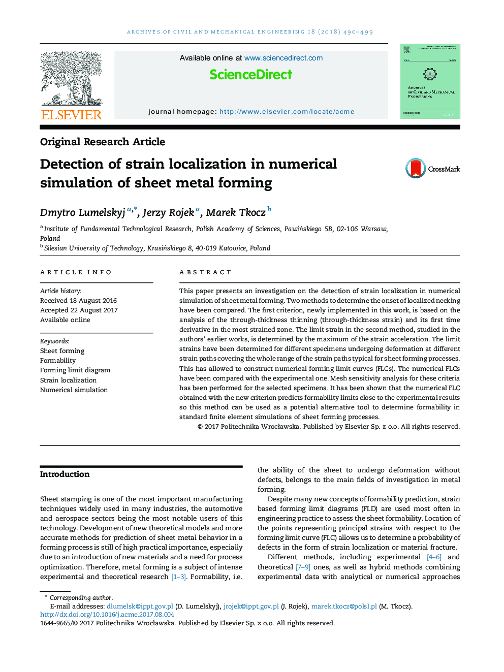 Detection of strain localization in numerical simulation of sheet metal forming