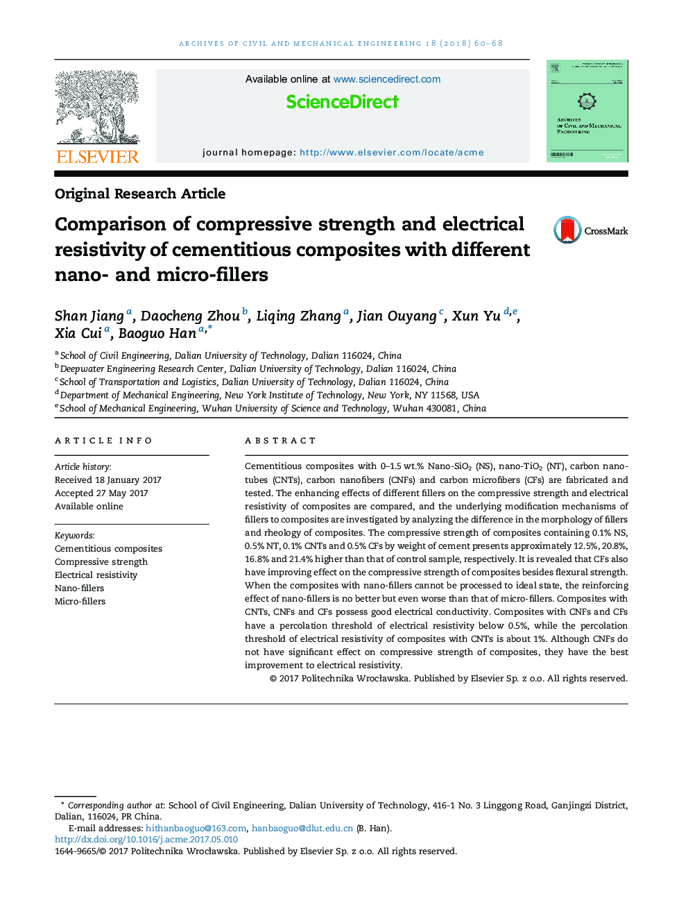 Comparison of compressive strength and electrical resistivity of cementitious composites with different nano- and micro-fillers