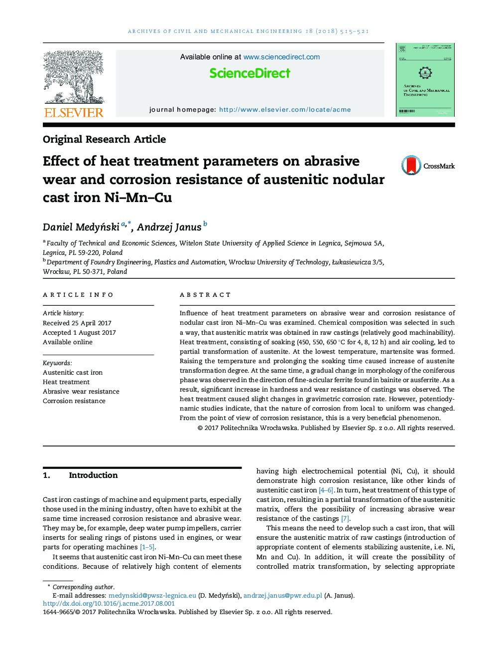 Effect of heat treatment parameters on abrasive wear and corrosion resistance of austenitic nodular cast iron Ni-Mn-Cu