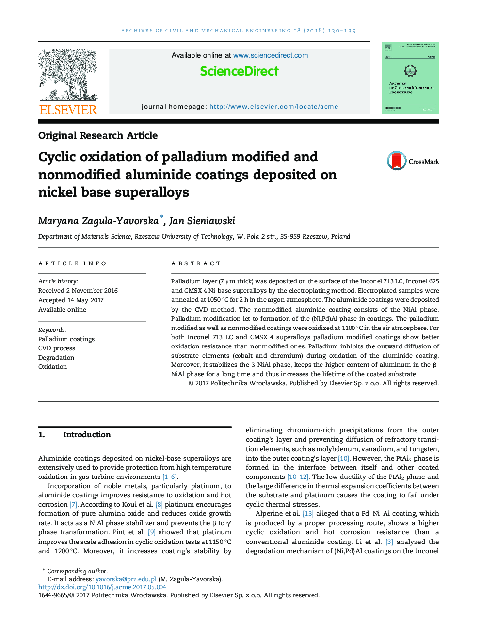 Cyclic oxidation of palladium modified and nonmodified aluminide coatings deposited on nickel base superalloys