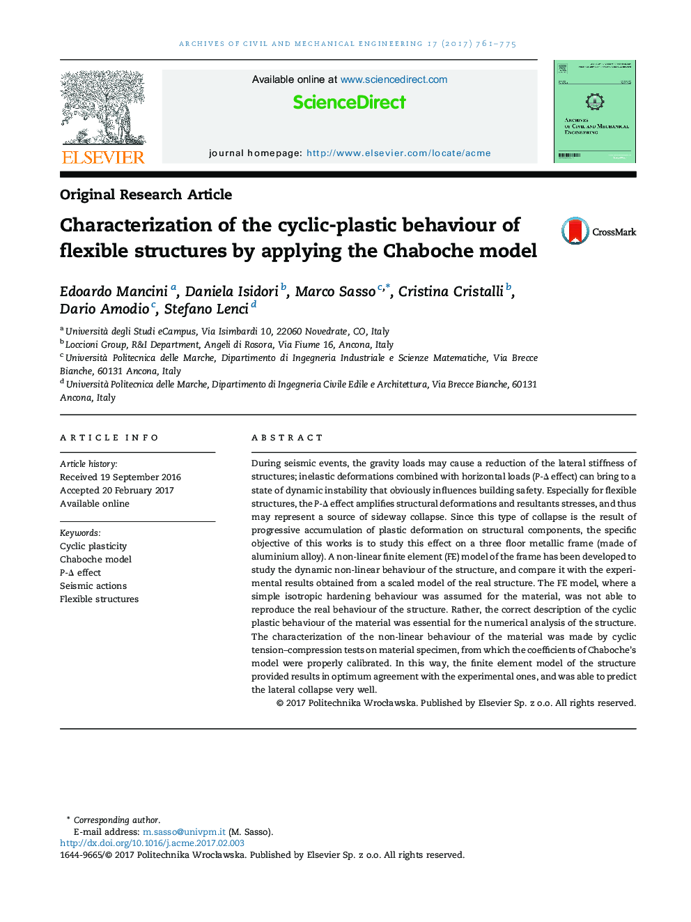 Characterization of the cyclic-plastic behaviour of flexible structures by applying the Chaboche model