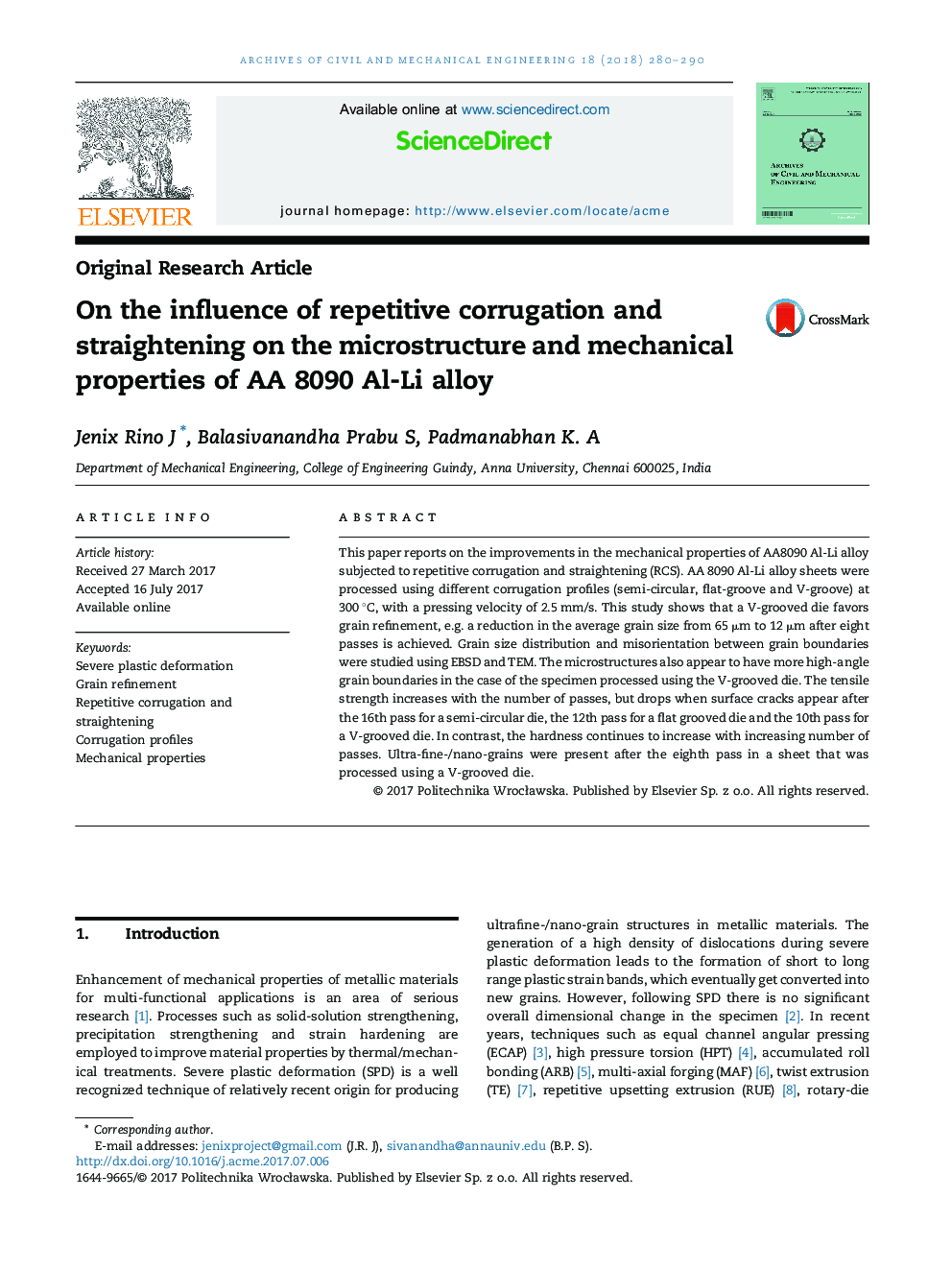 On the influence of repetitive corrugation and straightening on the microstructure and mechanical properties of AA 8090 Al-Li alloy