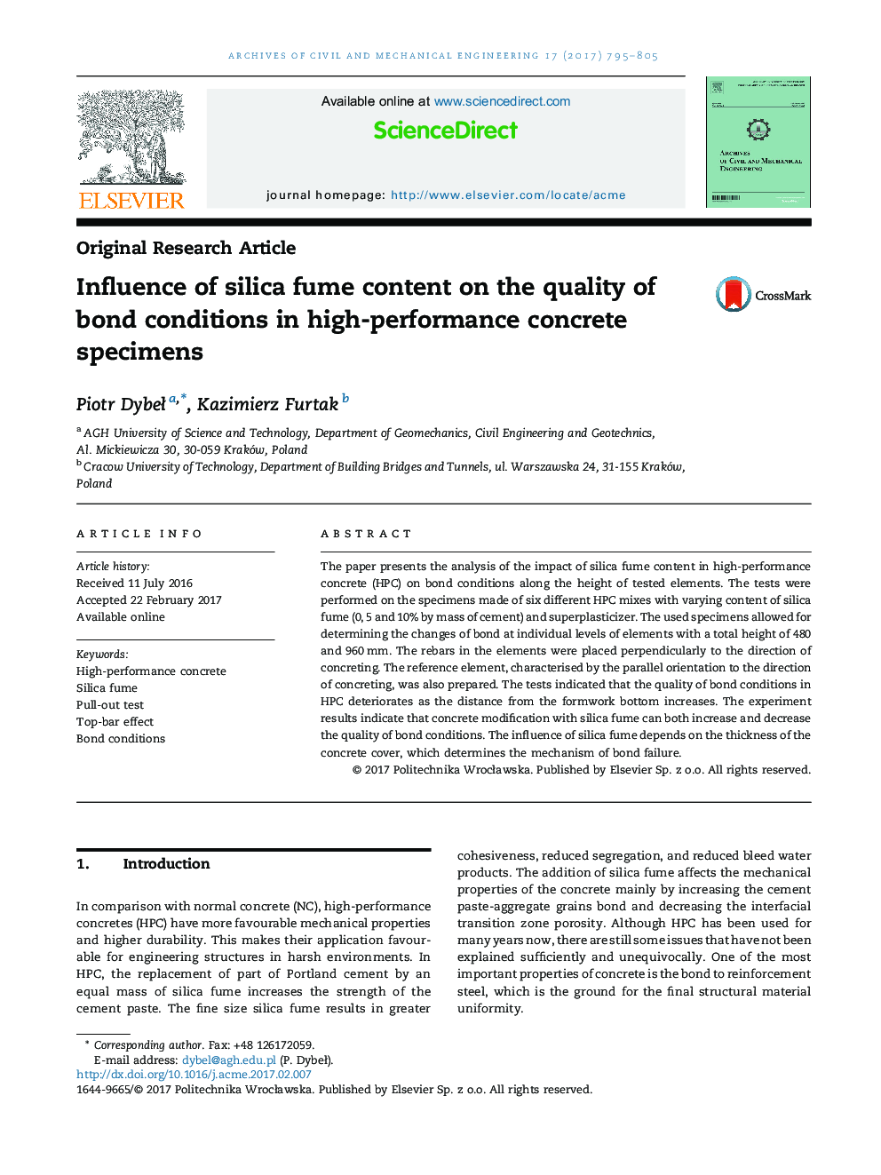 Influence of silica fume content on the quality of bond conditions in high-performance concrete specimens