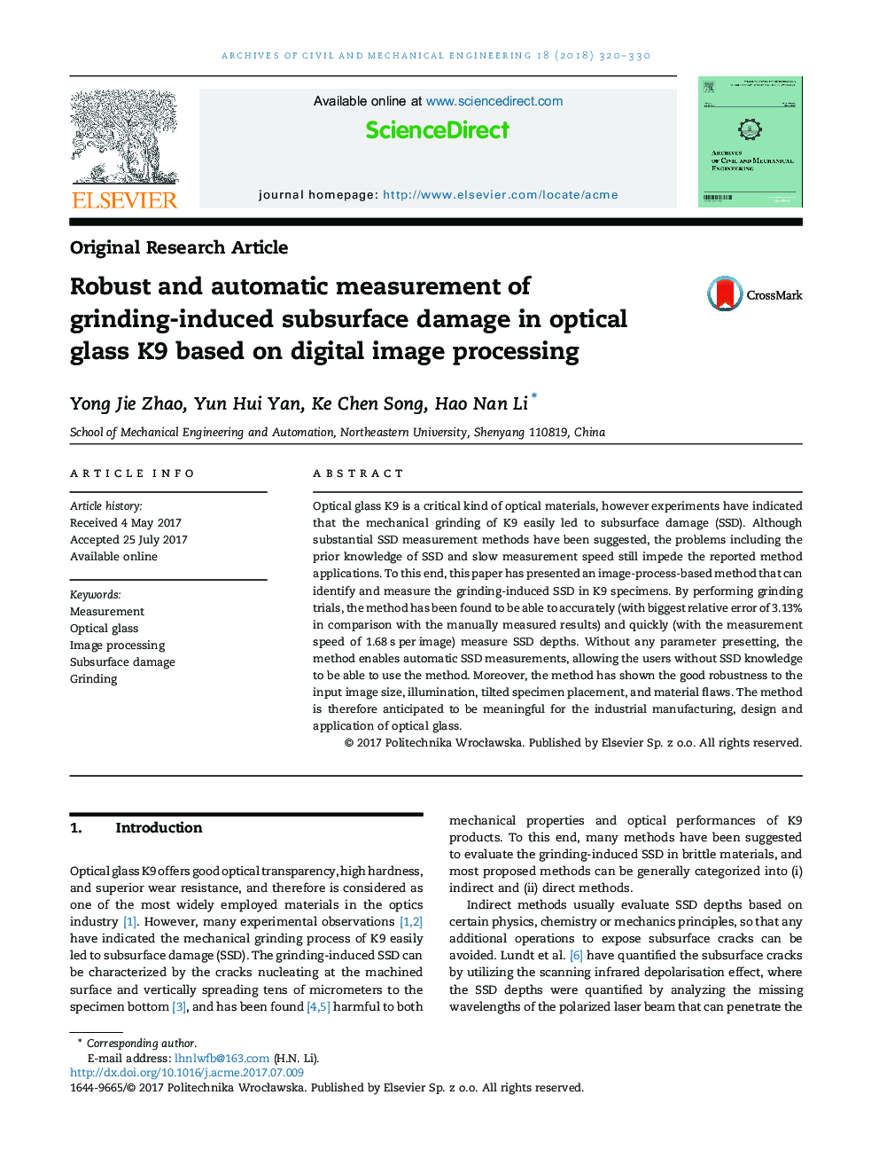 Robust and automatic measurement of grinding-induced subsurface damage in optical glass K9 based on digital image processing