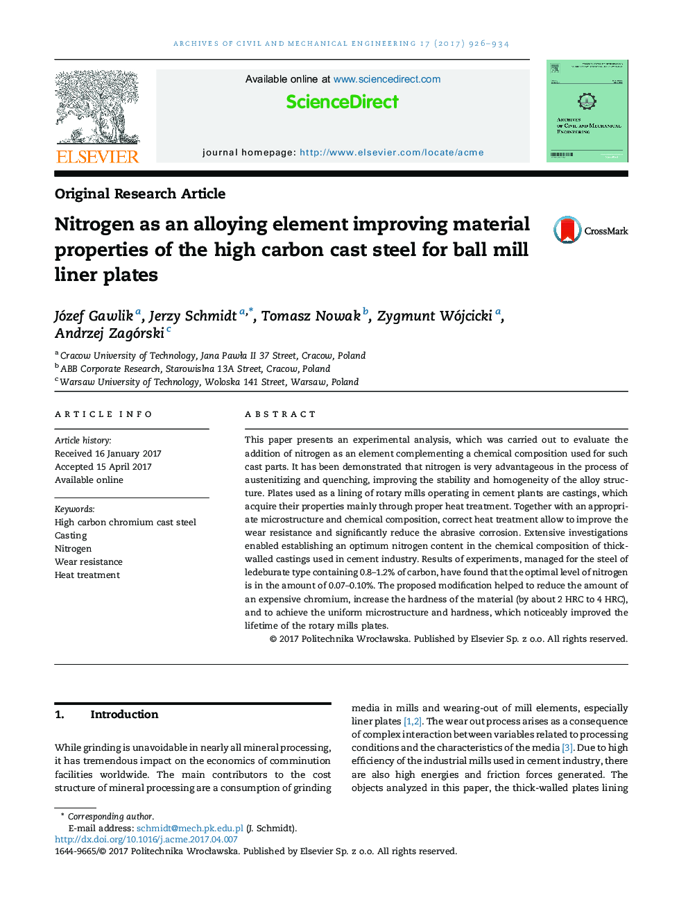 Nitrogen as an alloying element improving material properties of the high carbon cast steel for ball mill liner plates