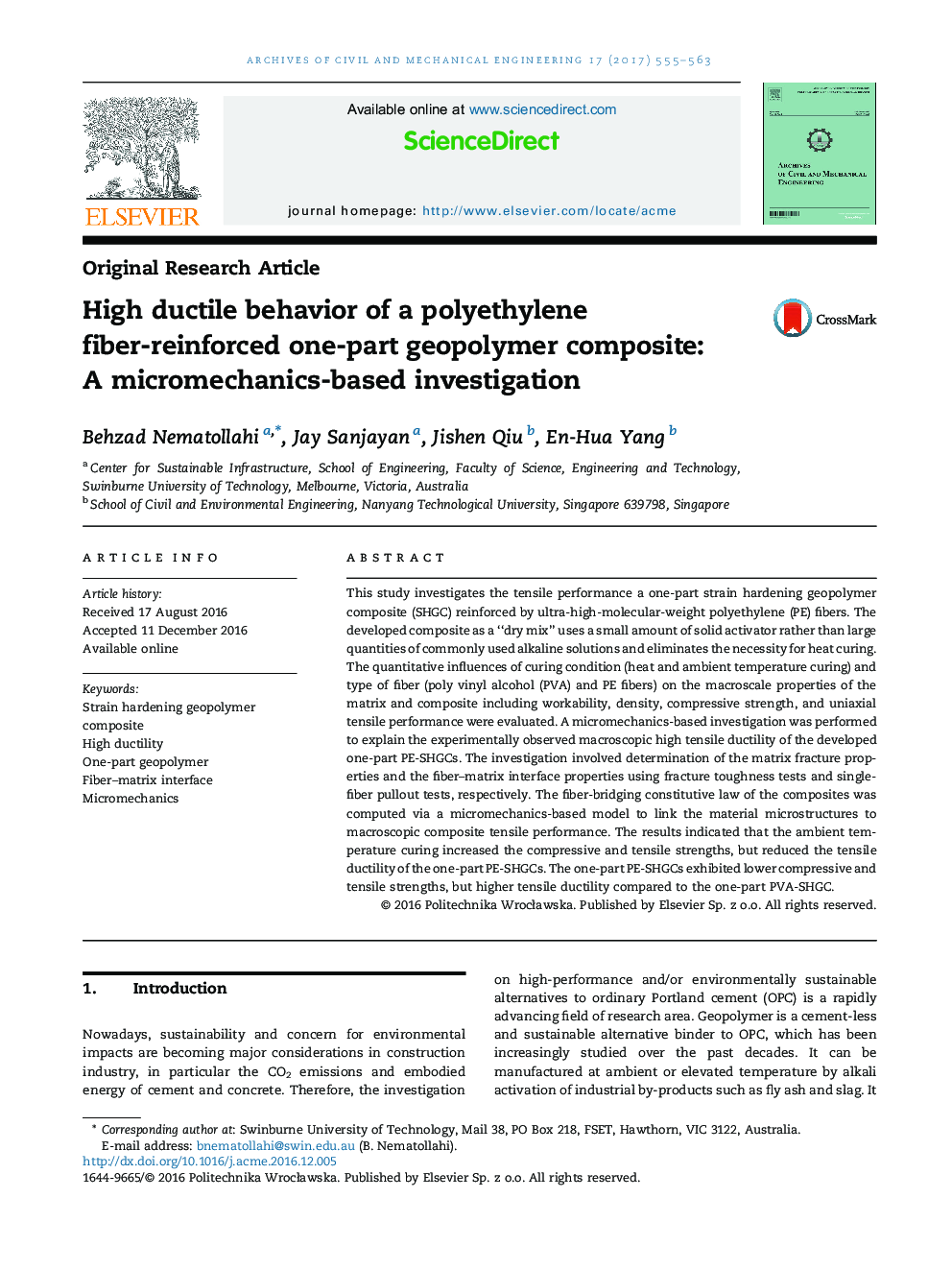 رفتار مجذور بالا یک کامپوزیت ژئوپلیمر یکپارچه تقویت شده با فیبر پلی اتیلن: یک تحقیق مبتنی بر میکرومکانیکی 