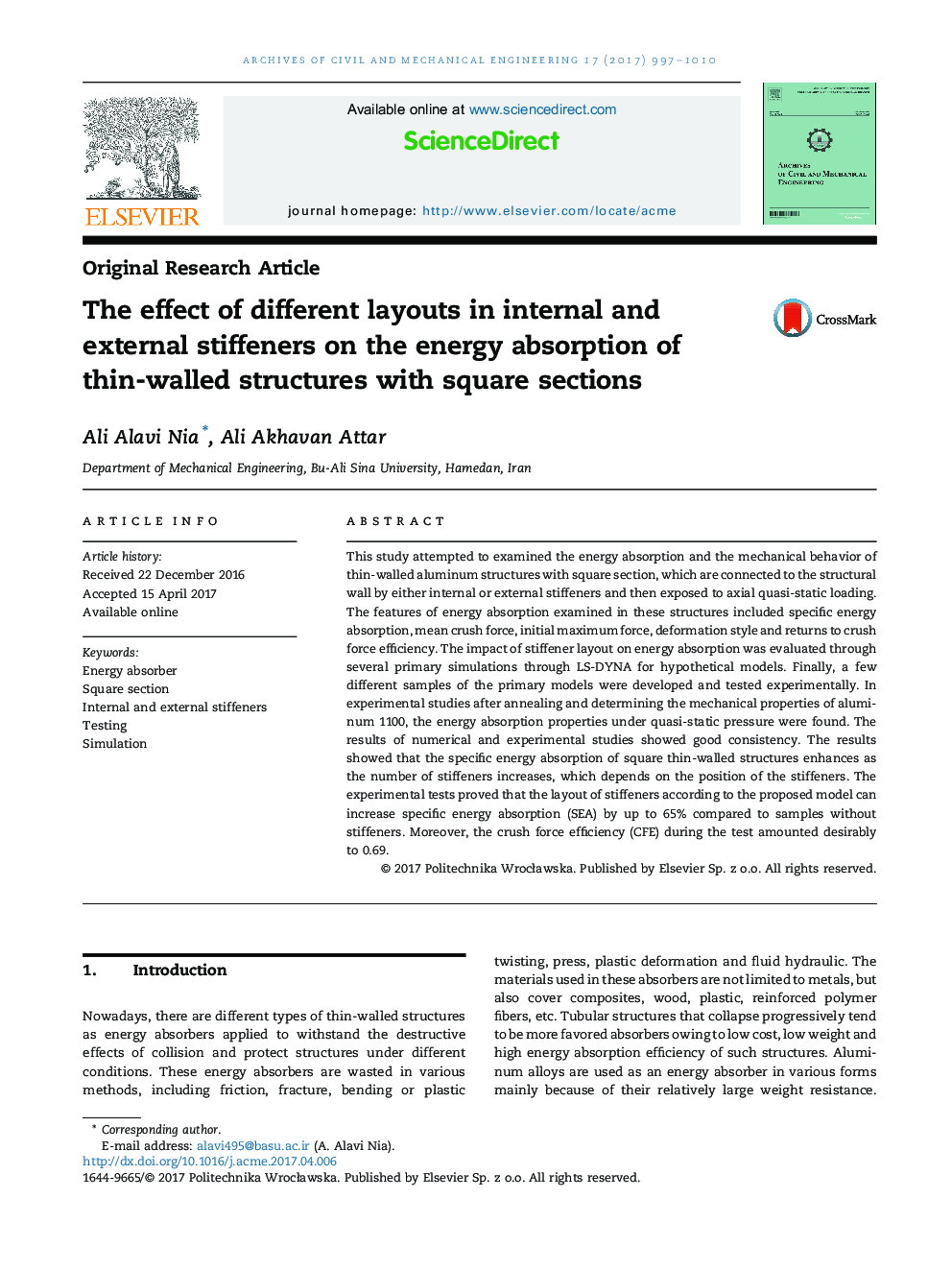 The effect of different layouts in internal and external stiffeners on the energy absorption of thin-walled structures with square sections
