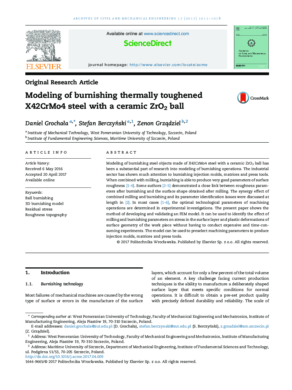 Modeling of burnishing thermally toughened X42CrMo4 steel with a ceramic ZrO2 ball