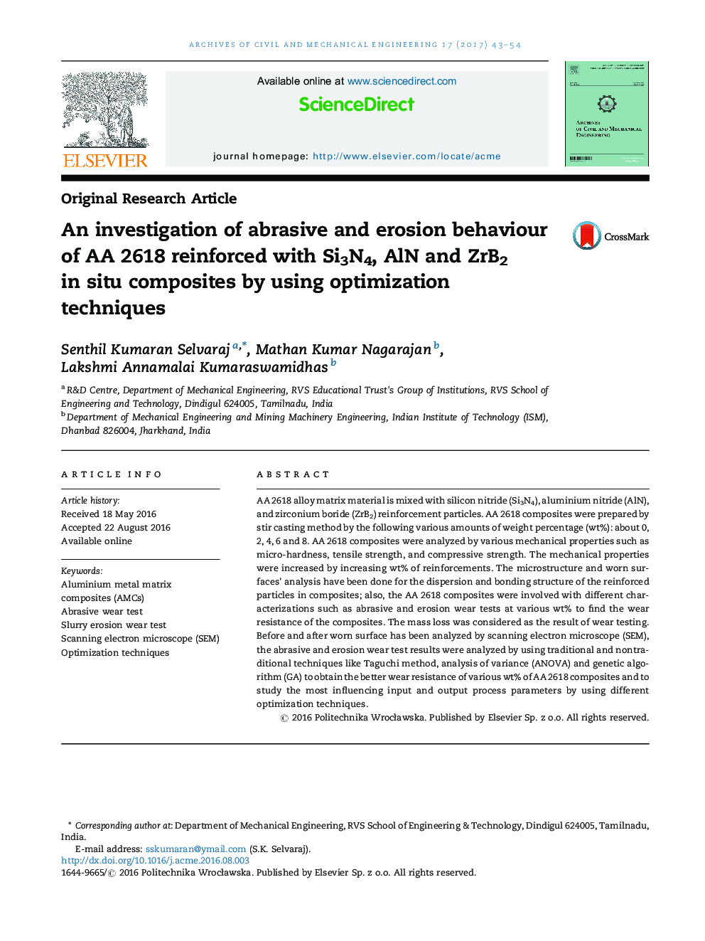 An investigation of abrasive and erosion behaviour of AA 2618 reinforced with Si3N4, AlN and ZrB2 in situ composites by using optimization techniques