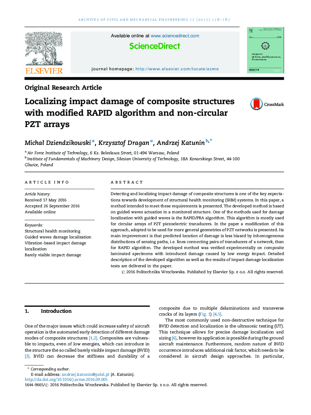 Localizing impact damage of composite structures with modified RAPID algorithm and non-circular PZT arrays