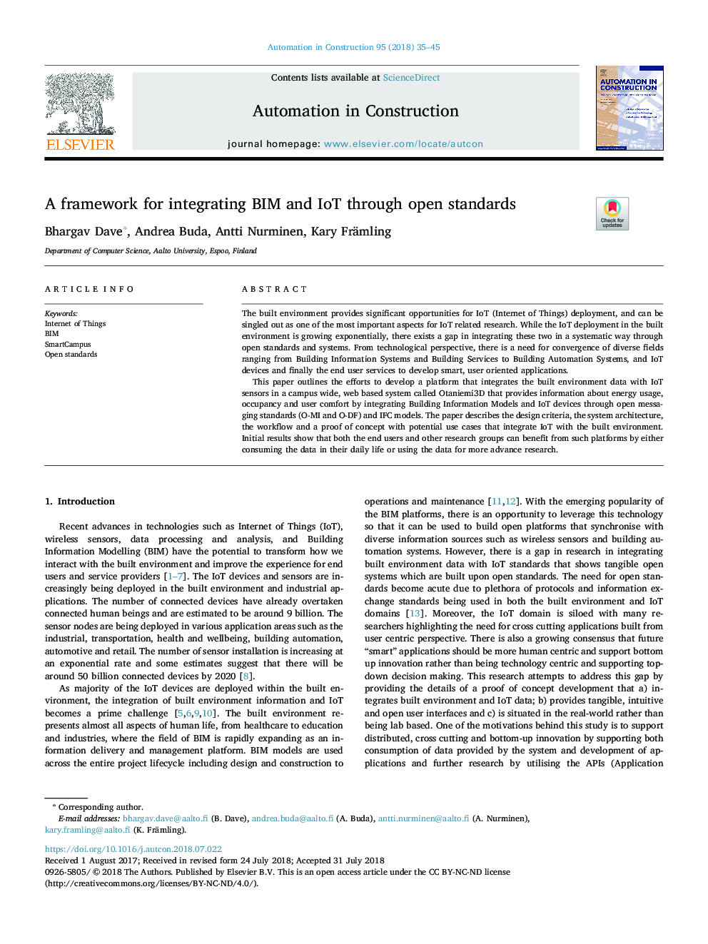 A framework for integrating BIM and IoT through open standards