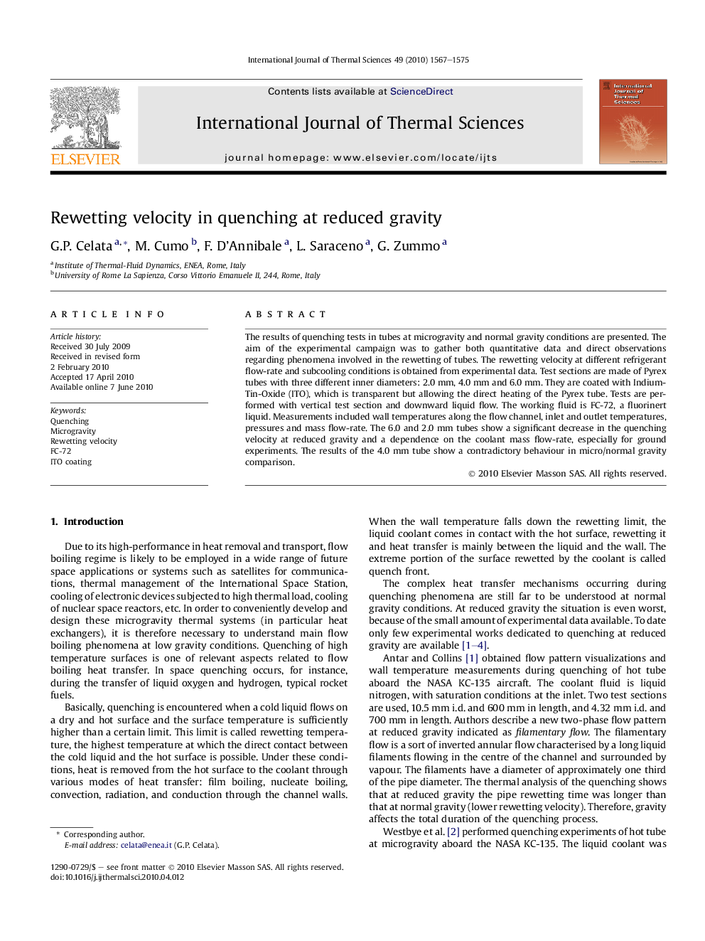 عکس صفحه اول مقاله: Rewetting velocity in quenching at reduced gravity Rewetting velocity in quenching at reduced gravity