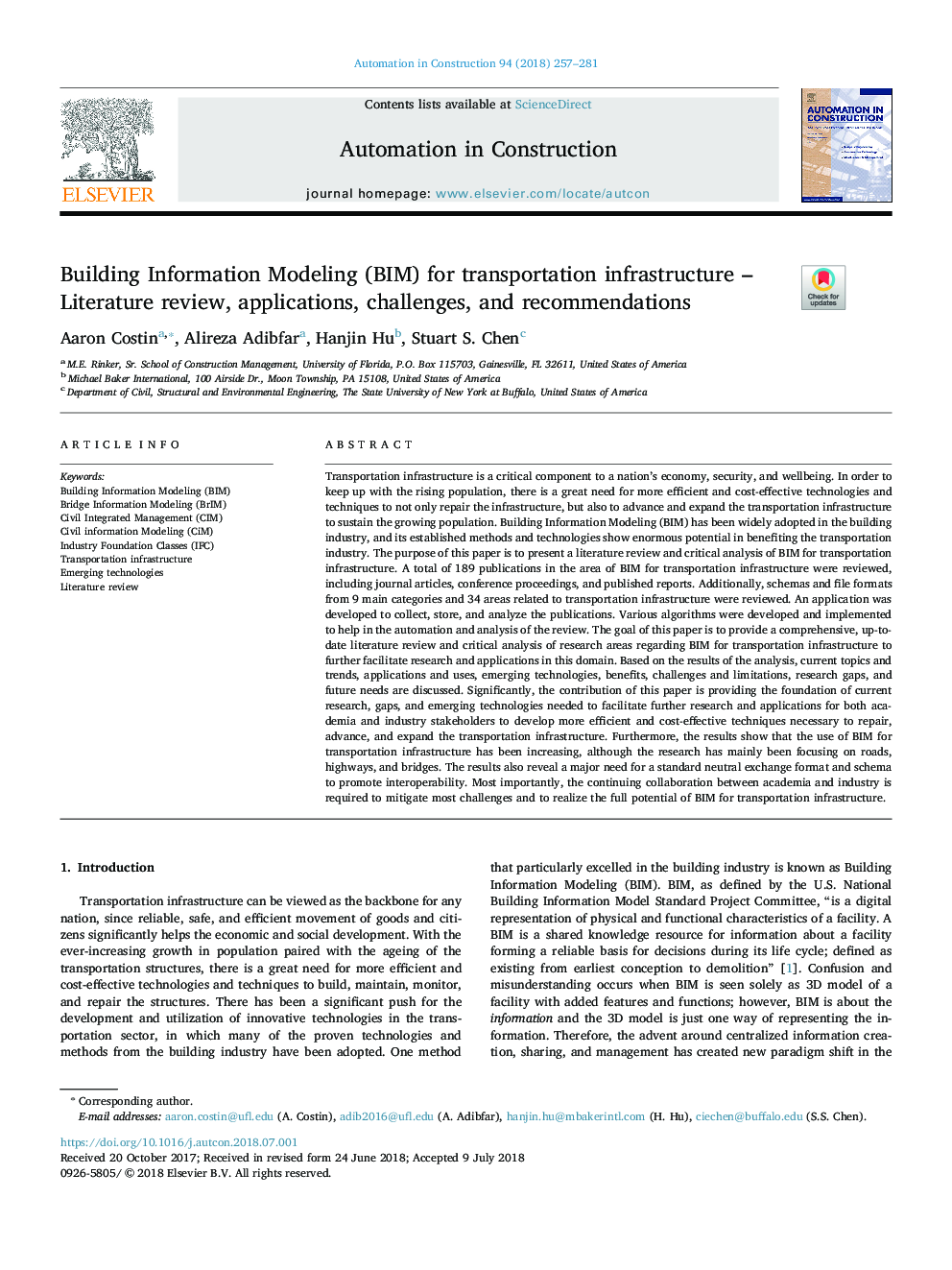 Building Information Modeling (BIM) for transportation infrastructure - Literature review, applications, challenges, and recommendations