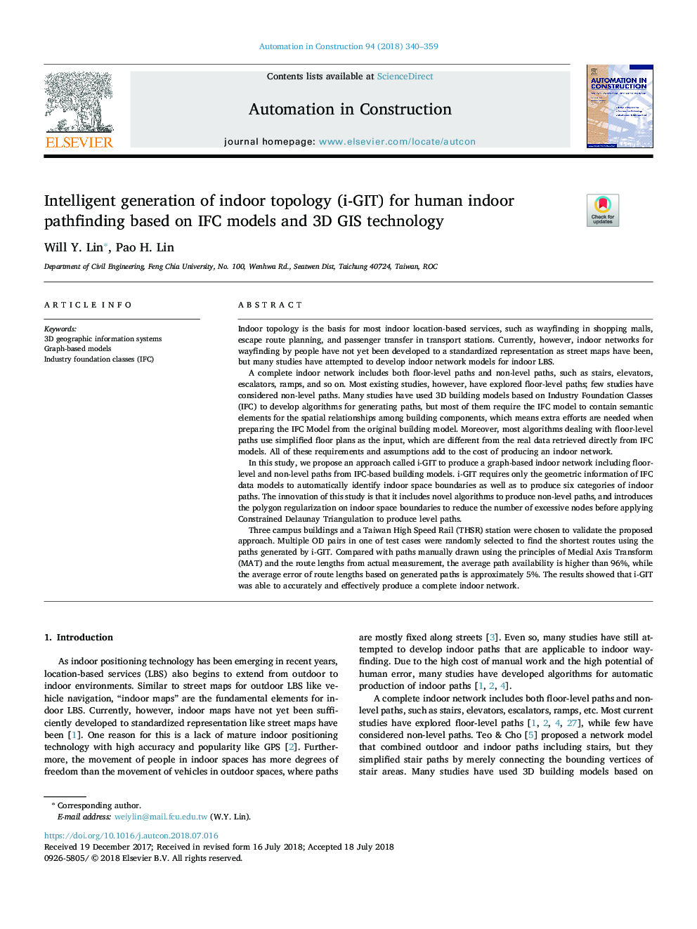 Intelligent generation of indoor topology (i-GIT) for human indoor pathfinding based on IFC models and 3D GIS technology