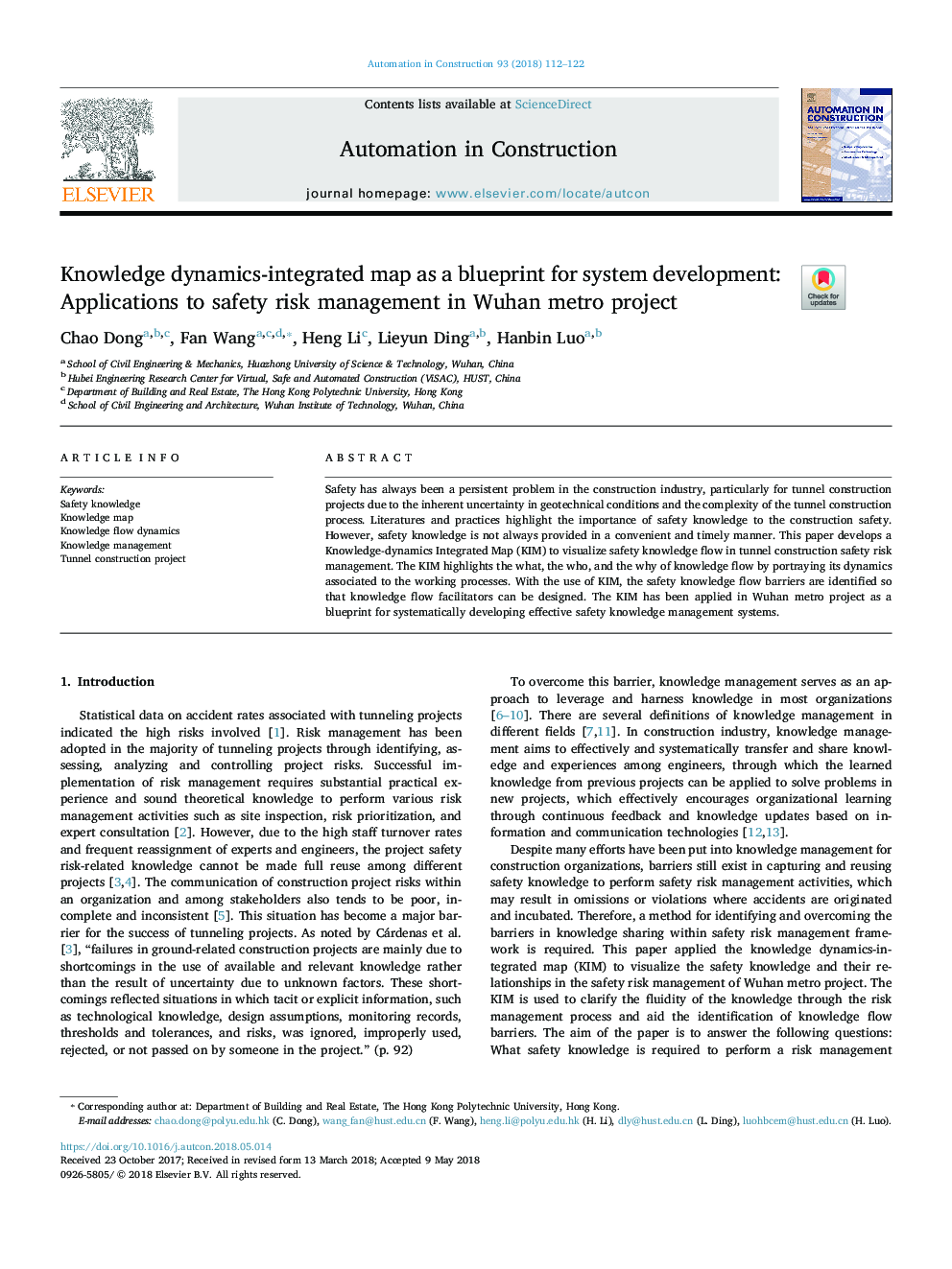 Knowledge dynamics-integrated map as a blueprint for system development: Applications to safety risk management in Wuhan metro project