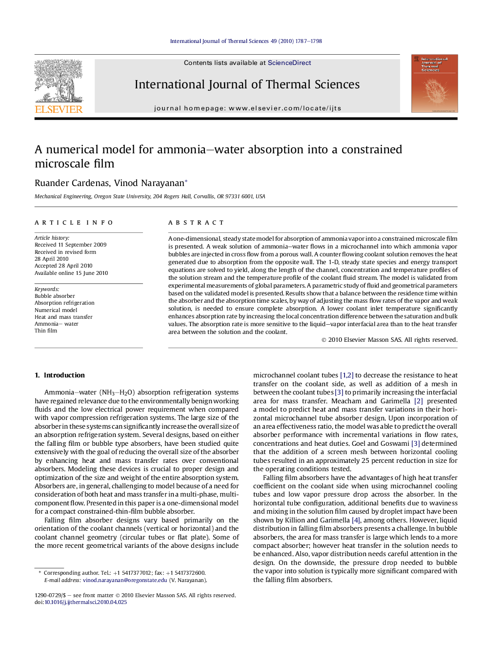 عکس صفحه اول مقاله: A numerical model for ammonia–water absorption into a constrained microscale film A numerical model for ammonia–water absorption into a constrained microscale film
