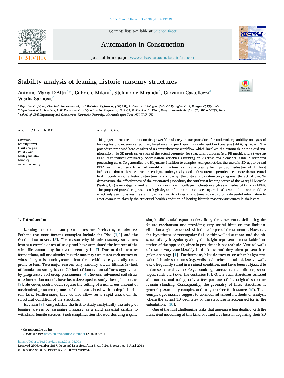 Stability analysis of leaning historic masonry structures