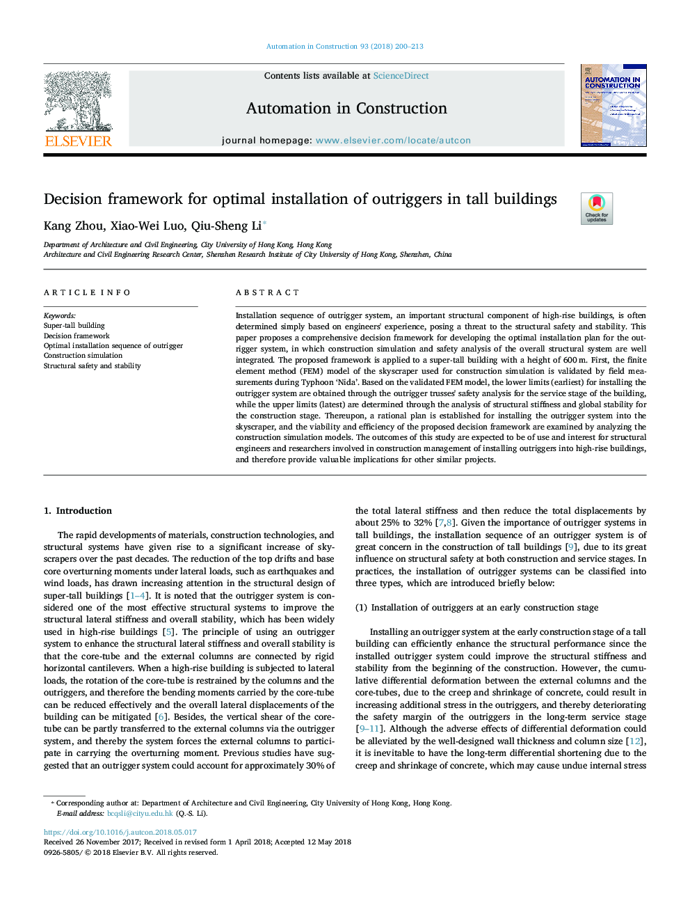 Decision framework for optimal installation of outriggers in tall buildings