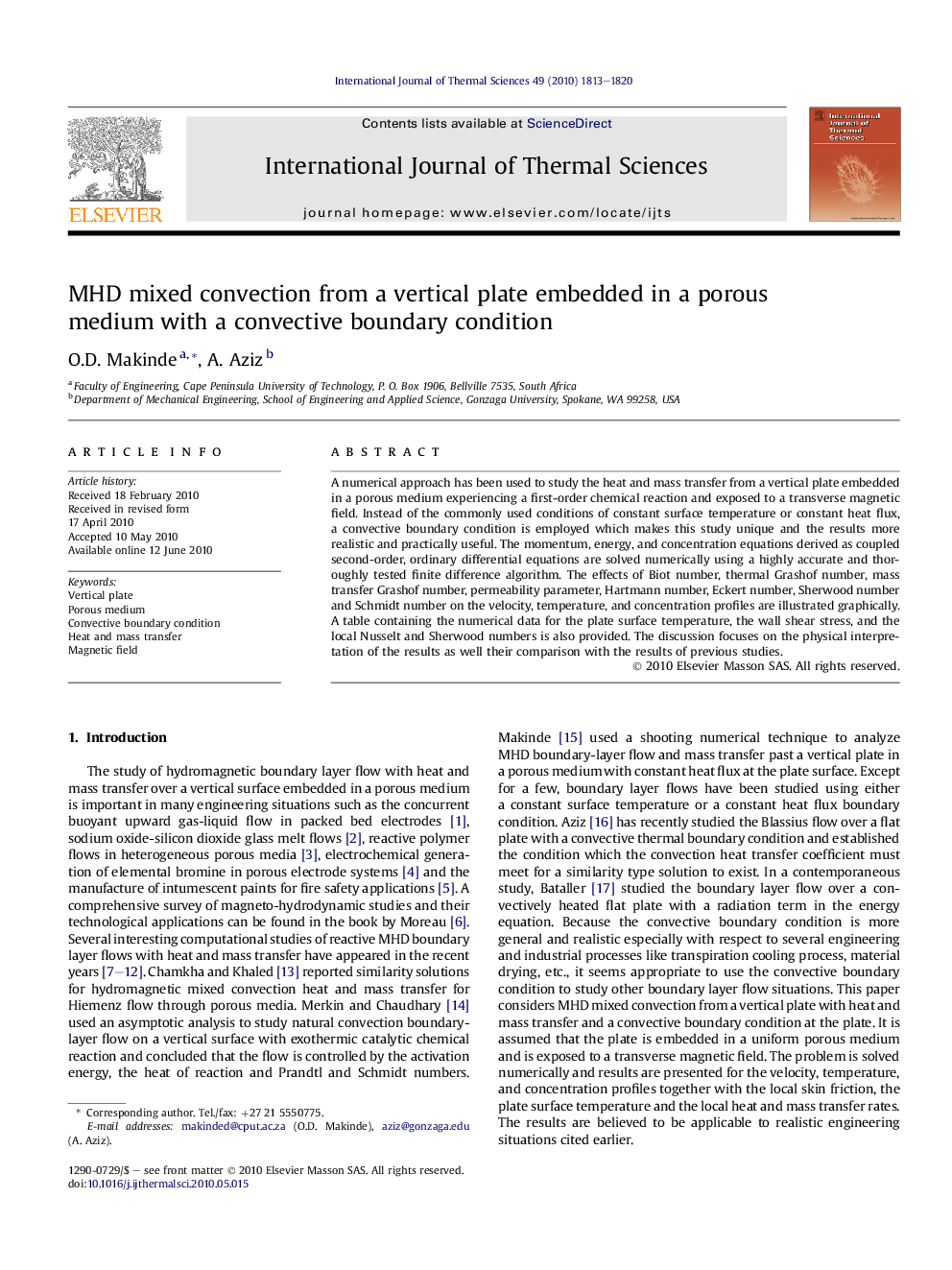 MHD mixed convection from a vertical plate embedded in a porous medium with a convective boundary condition