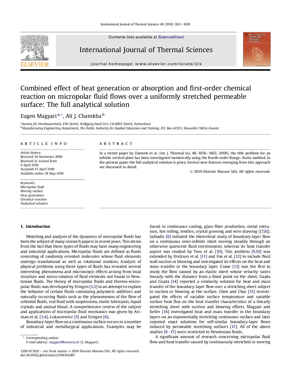 Combined effect of heat generation or absorption and first-order chemical reaction on micropolar fluid flows over a uniformly stretched permeable surface: The full analytical solution