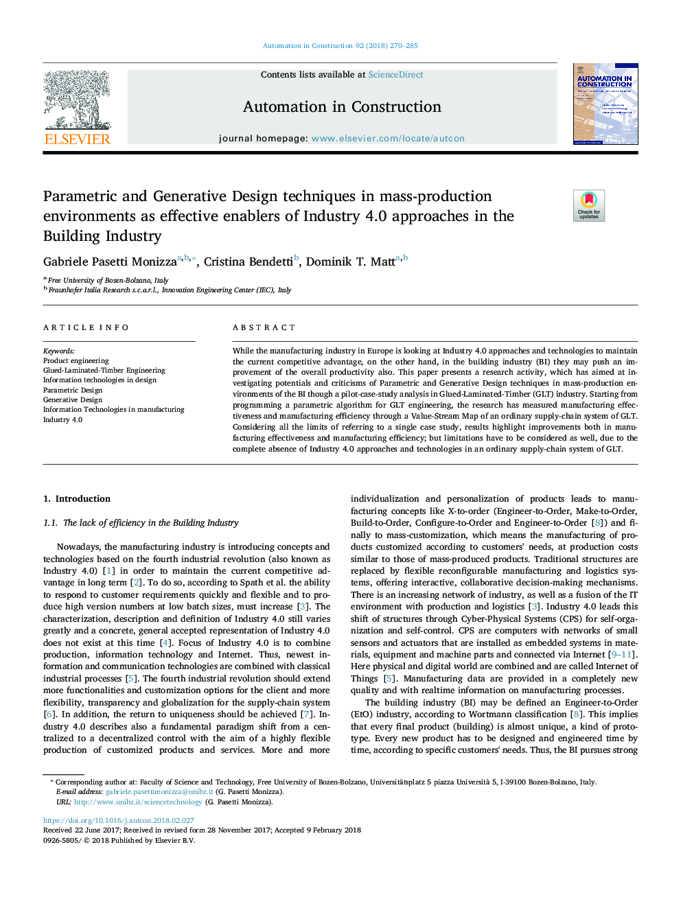 Parametric and Generative Design techniques in mass-production environments as effective enablers of Industry 4.0 approaches in the Building Industry