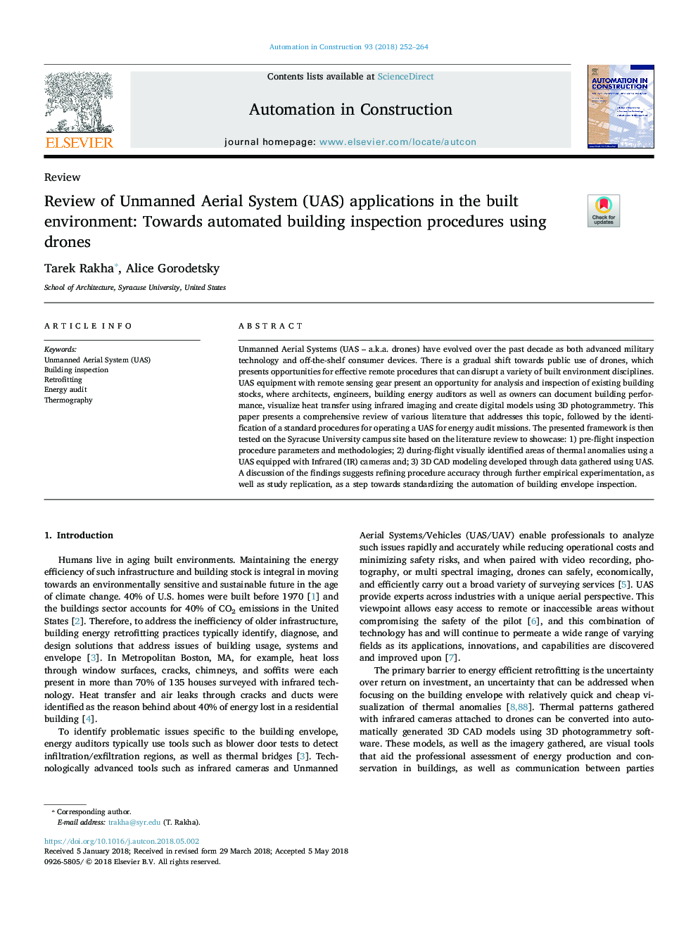 Review of Unmanned Aerial System (UAS) applications in the built environment: Towards automated building inspection procedures using drones