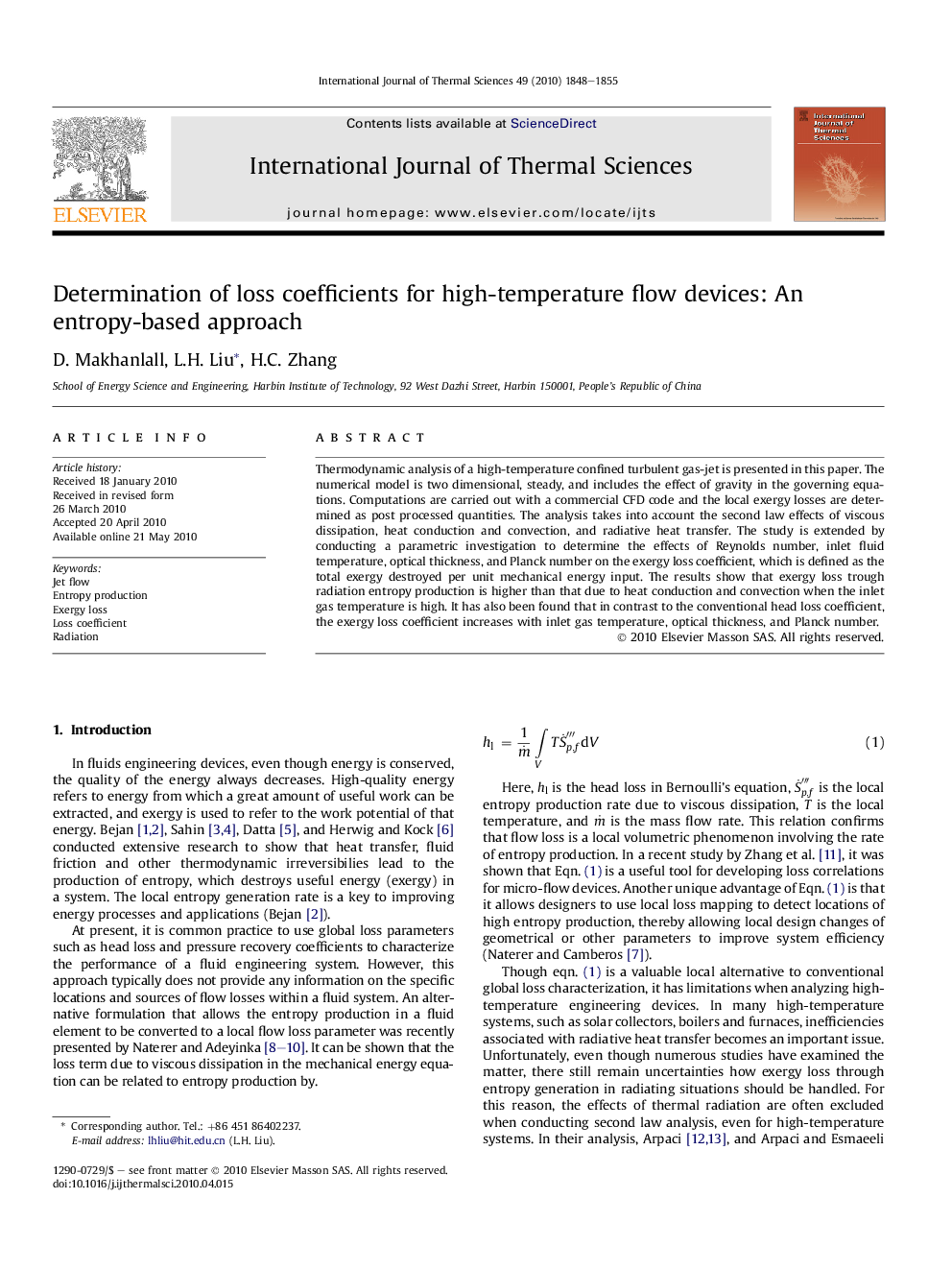 Determination of loss coefficients for high-temperature flow devices: An entropy-based approach