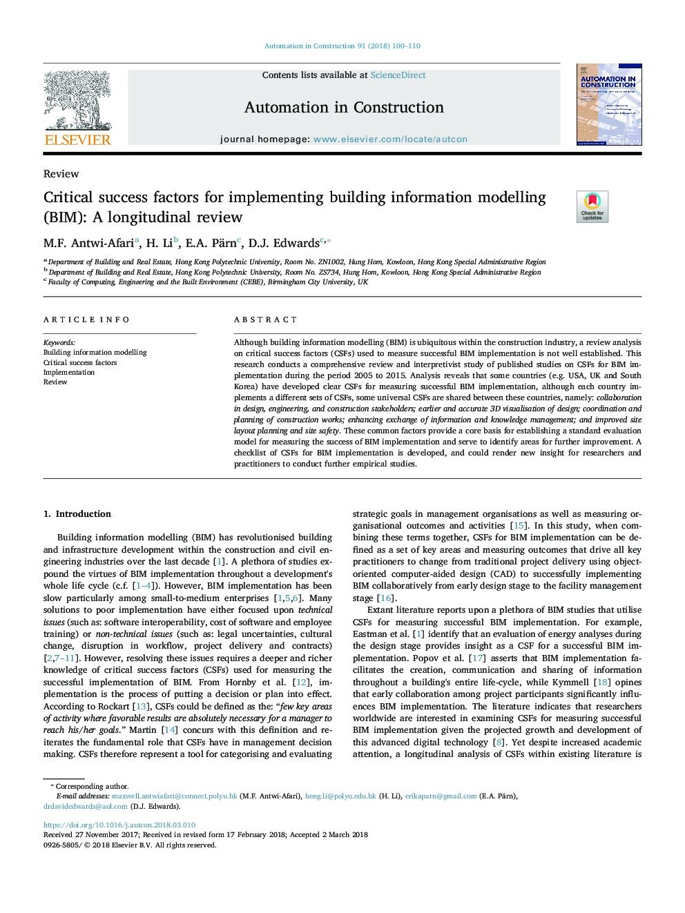 Critical success factors for implementing building information modelling (BIM): A longitudinal review