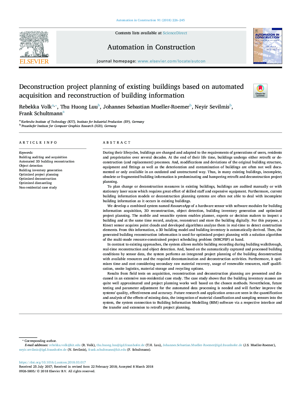 Deconstruction project planning of existing buildings based on automated acquisition and reconstruction of building information