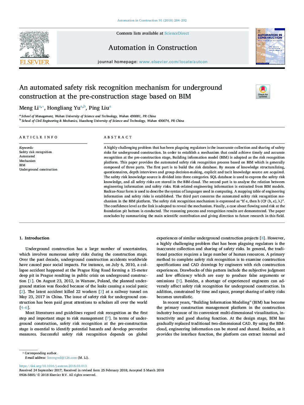 An automated safety risk recognition mechanism for underground construction at the pre-construction stage based on BIM