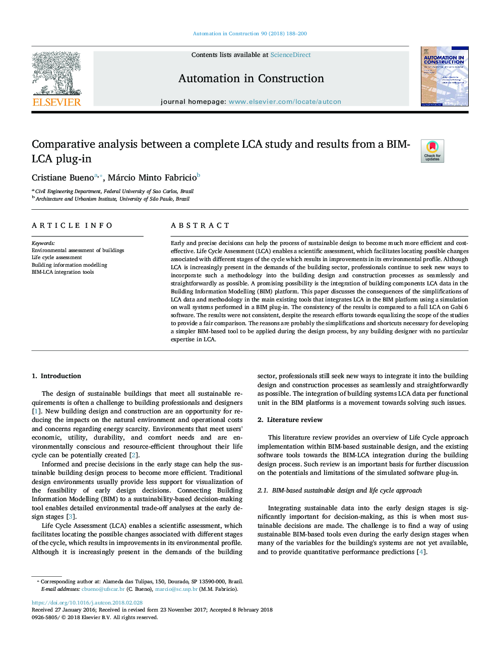 Comparative analysis between a complete LCA study and results from a BIM-LCA plug-in