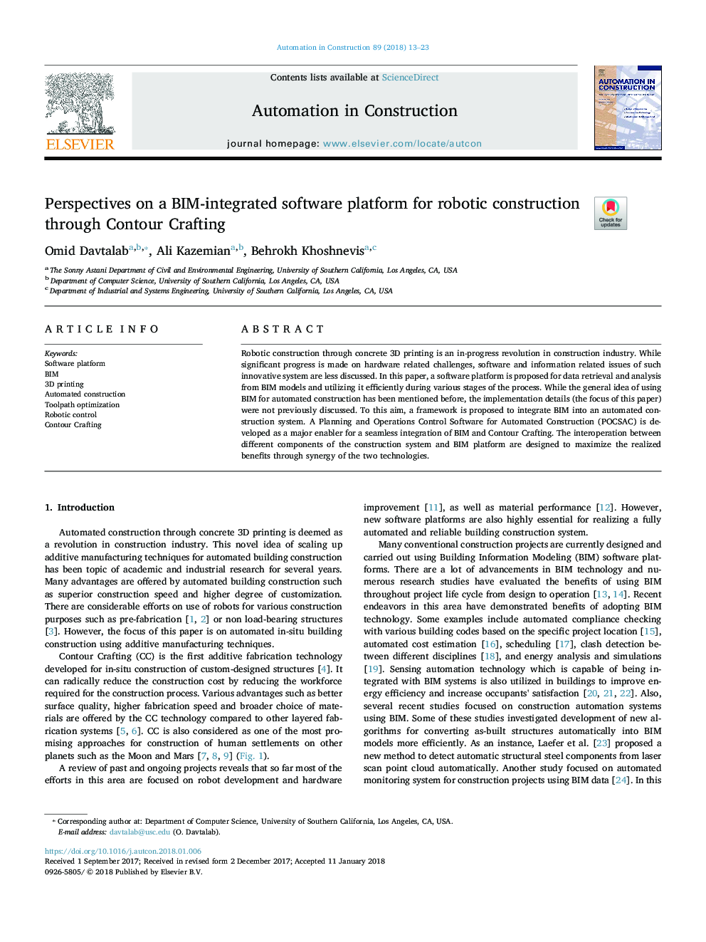 Perspectives on a BIM-integrated software platform for robotic construction through Contour Crafting