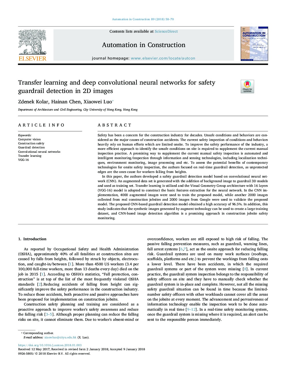 Transfer learning and deep convolutional neural networks for safety guardrail detection in 2D images