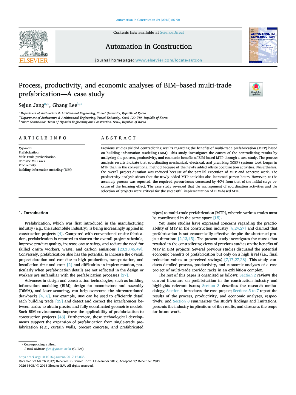 Process, productivity, and economic analyses of BIM-based multi-trade prefabrication-A case study