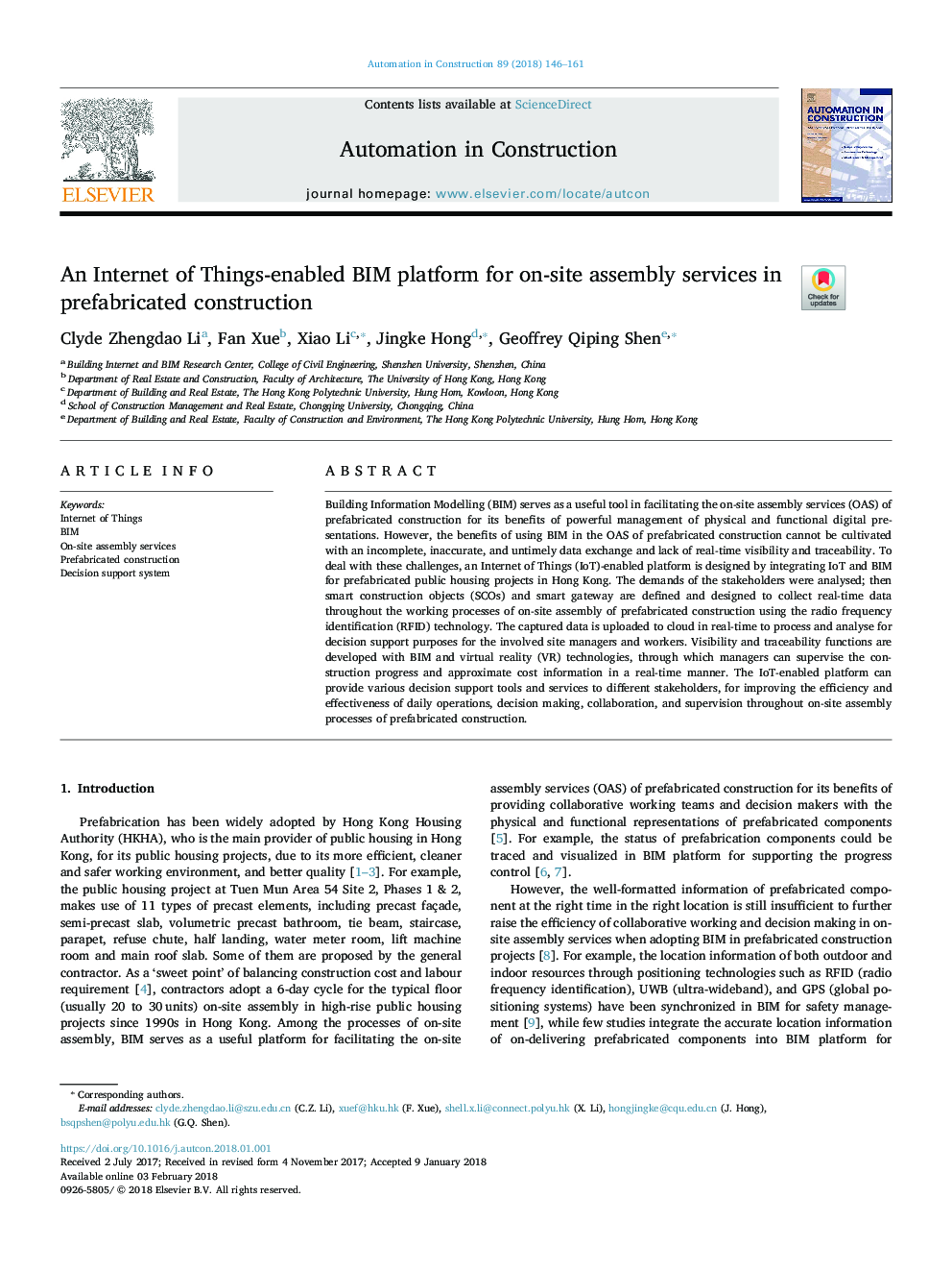 An Internet of Things-enabled BIM platform for on-site assembly services in prefabricated construction