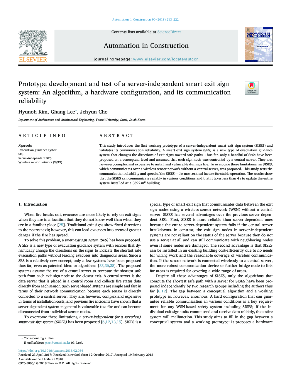 Prototype development and test of a server-independent smart exit sign system: An algorithm, a hardware configuration, and its communication reliability