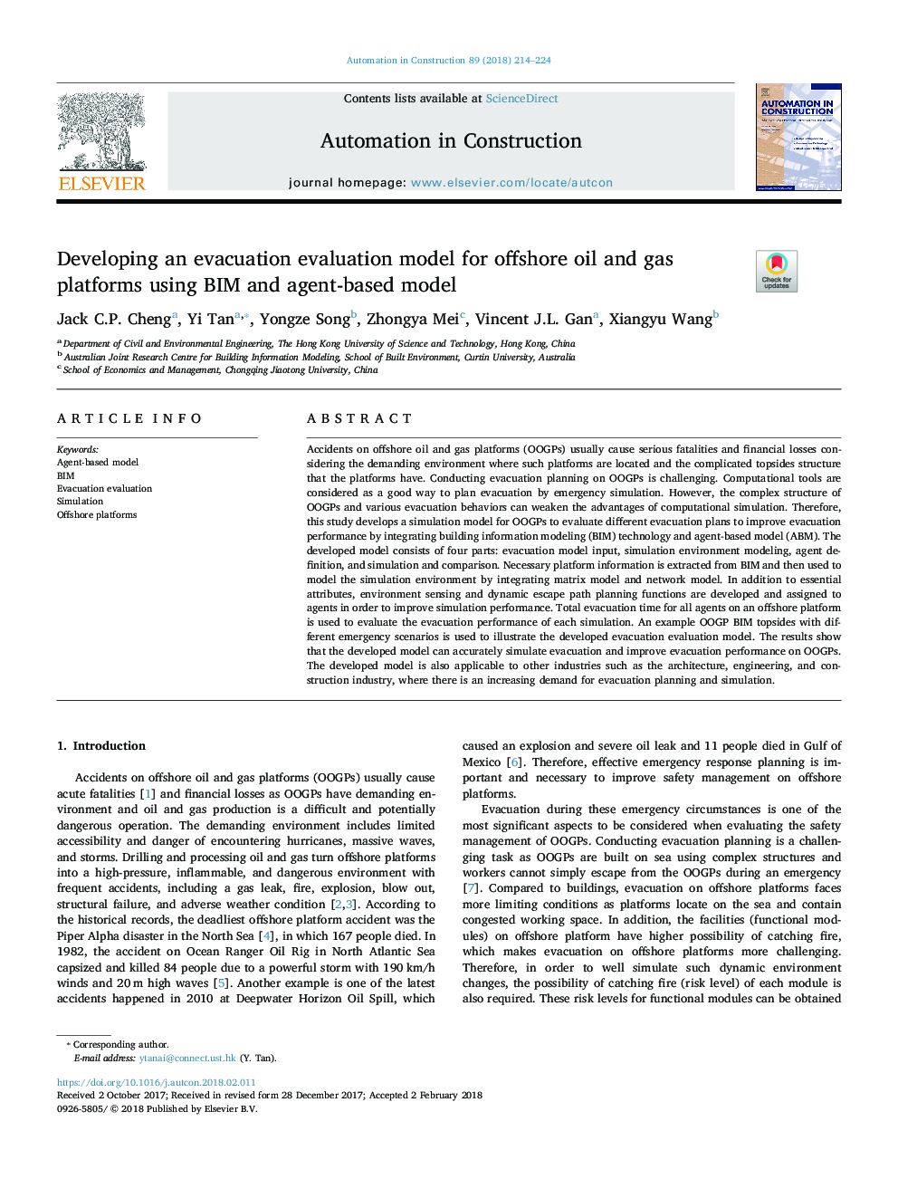 Developing an evacuation evaluation model for offshore oil and gas platforms using BIM and agent-based model