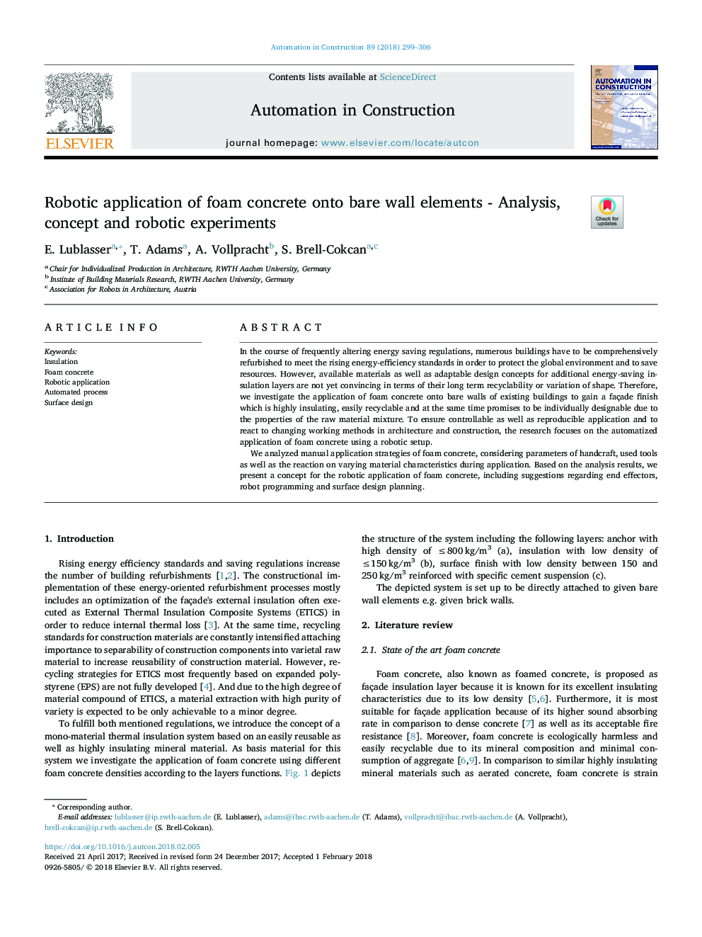 Robotic application of foam concrete onto bare wall elements - Analysis, concept and robotic experiments