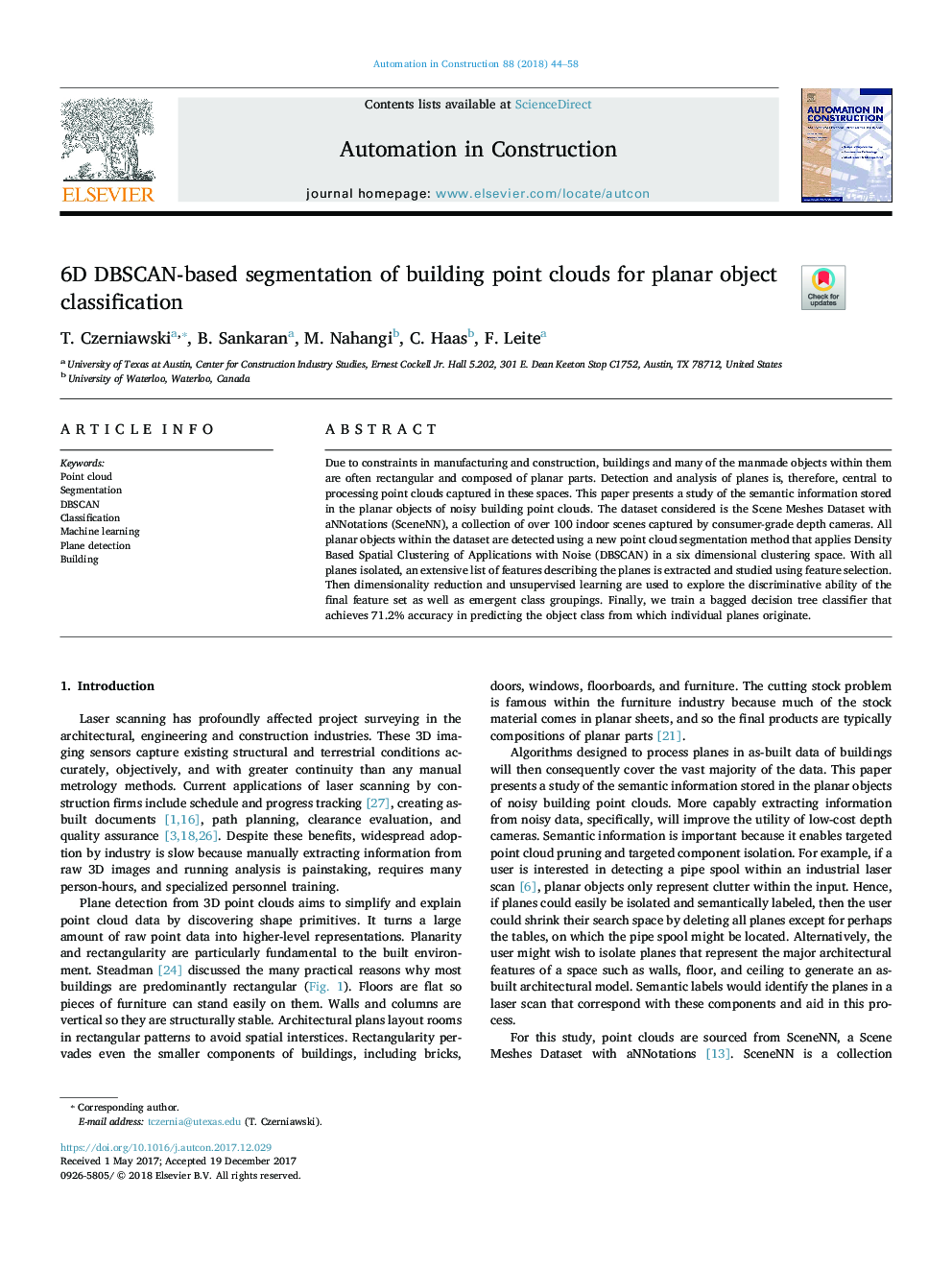 6D DBSCAN-based segmentation of building point clouds for planar object classification