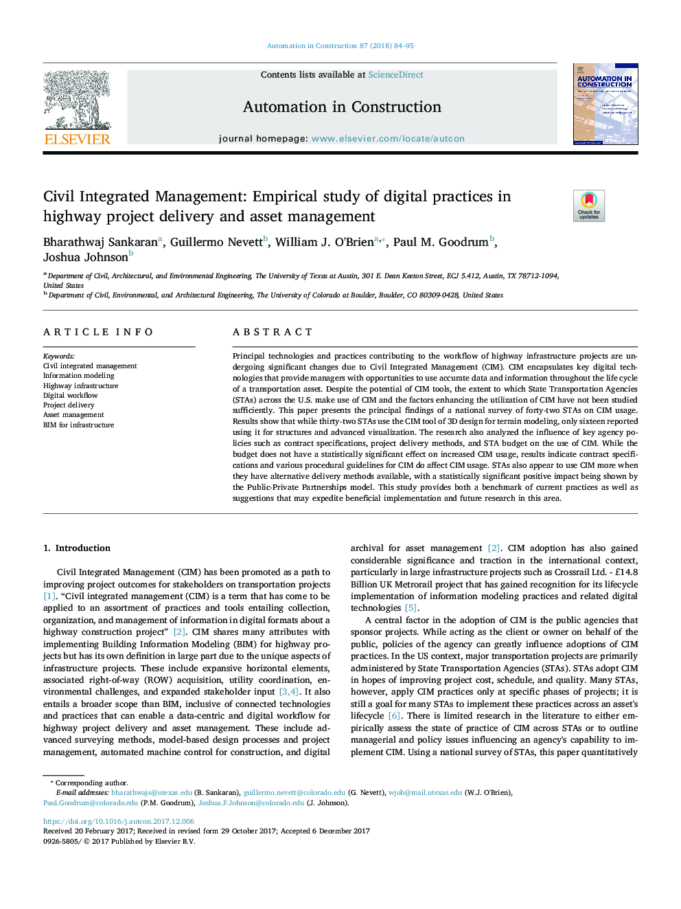 Civil Integrated Management: Empirical study of digital practices in highway project delivery and asset management