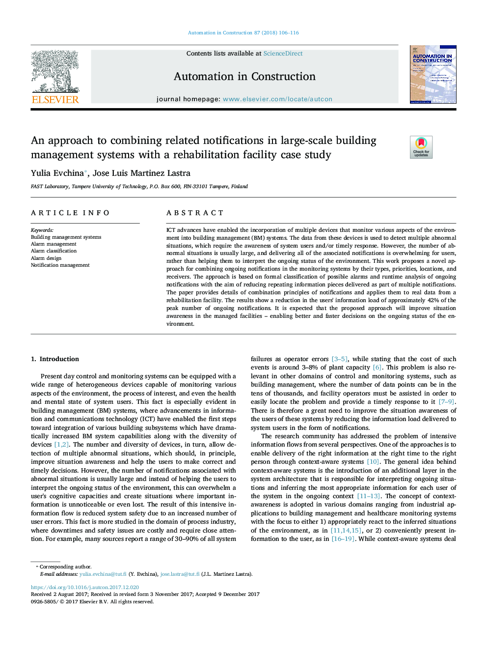 An approach to combining related notifications in large-scale building management systems with a rehabilitation facility case study