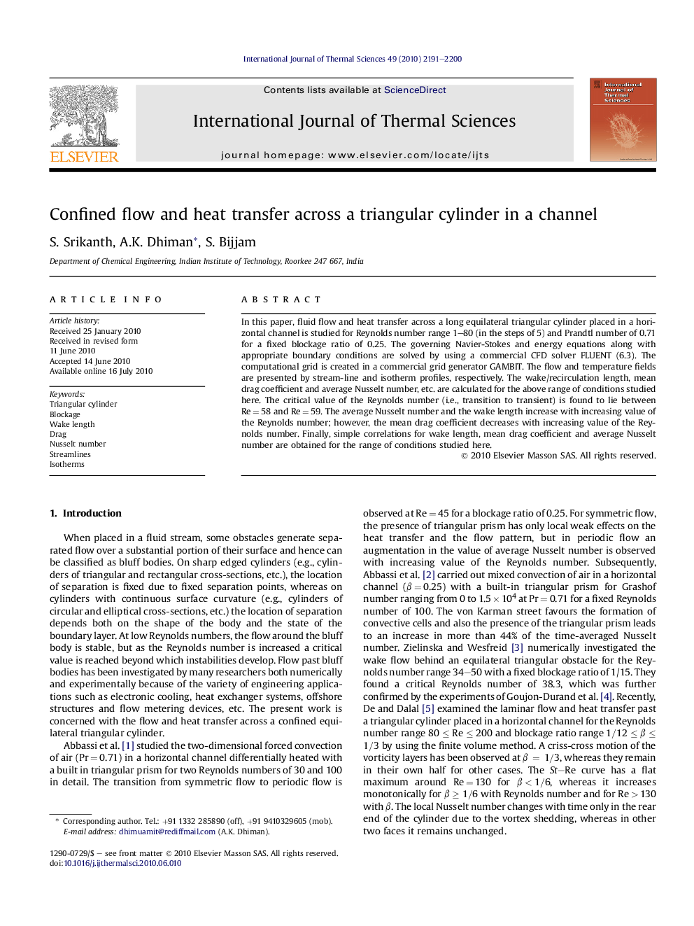 Confined flow and heat transfer across a triangular cylinder in a channel