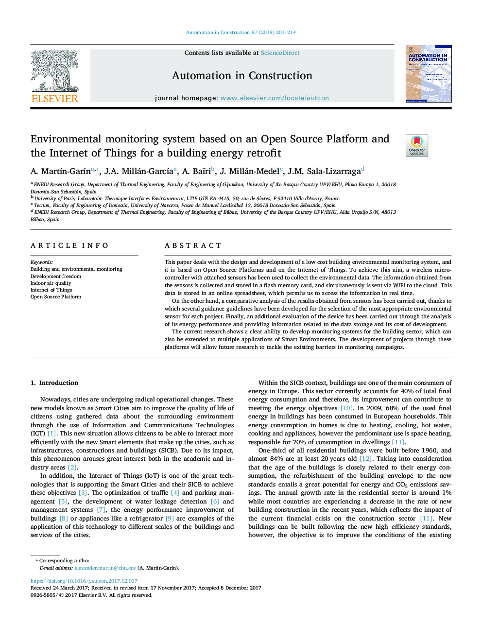 Environmental monitoring system based on an Open Source Platform and the Internet of Things for a building energy retrofit