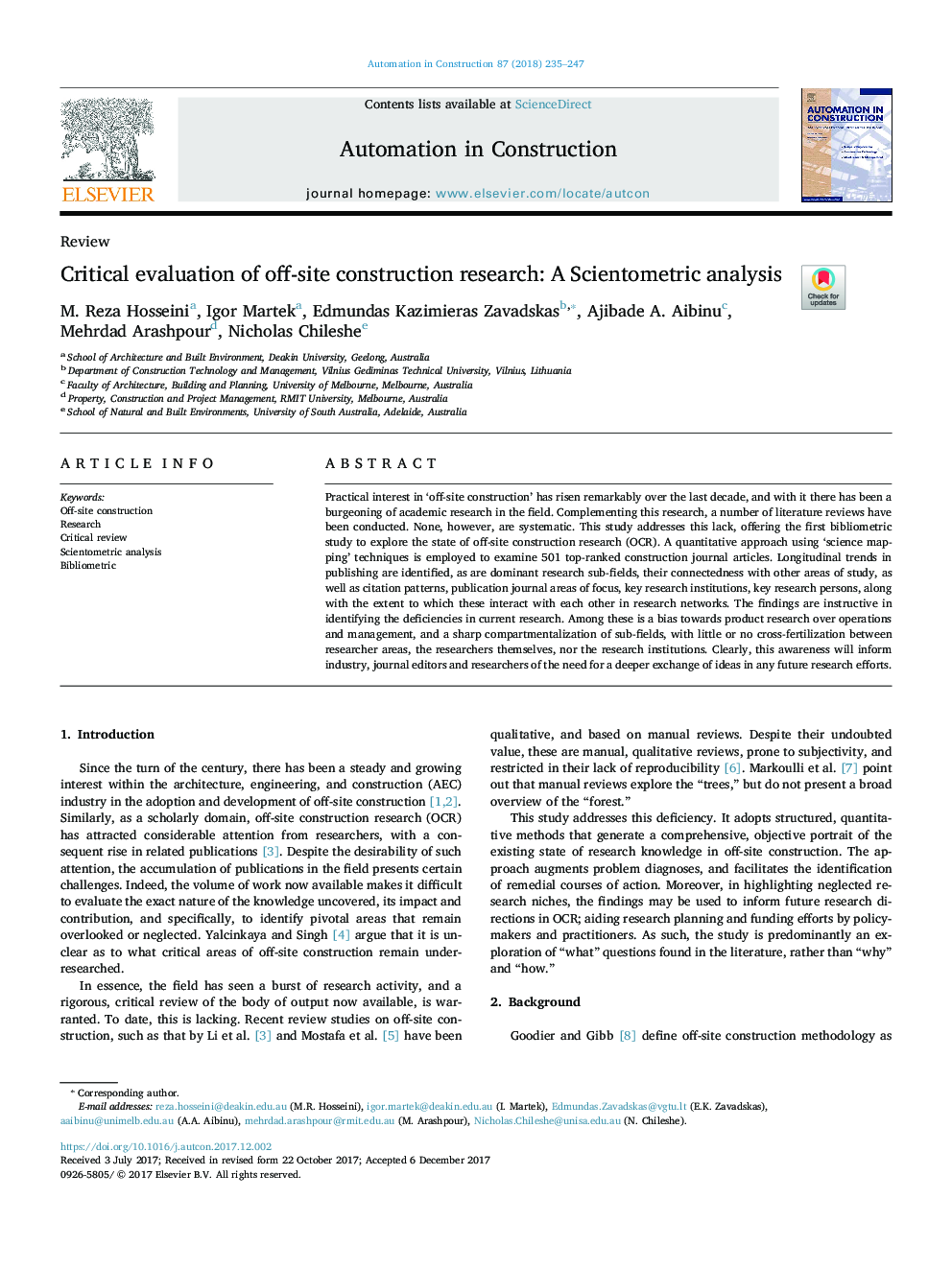 Critical evaluation of off-site construction research: A Scientometric analysis