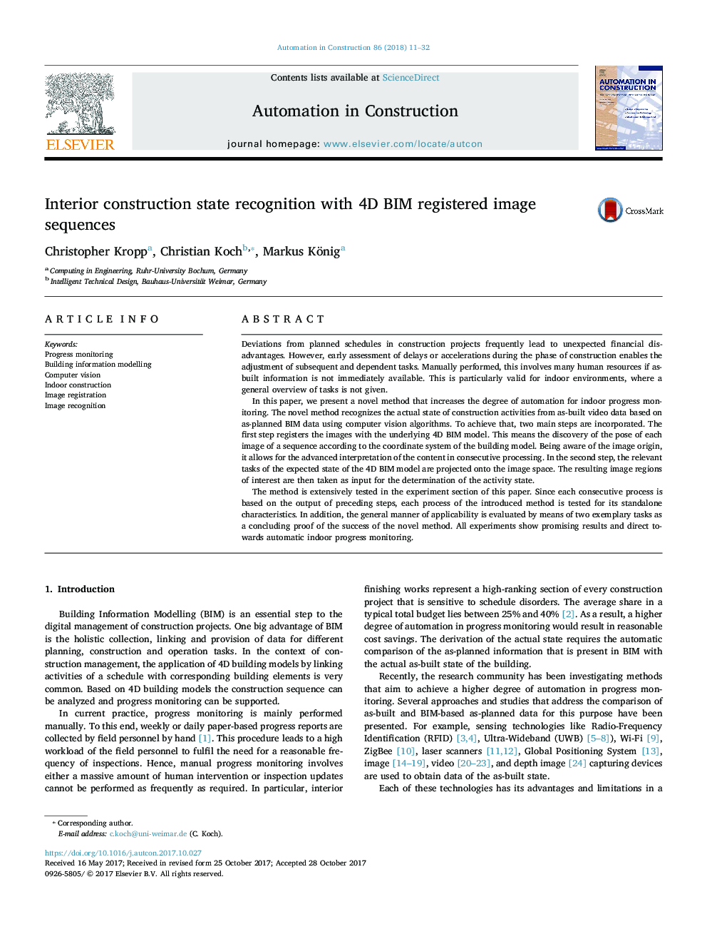 Interior construction state recognition with 4D BIM registered image sequences