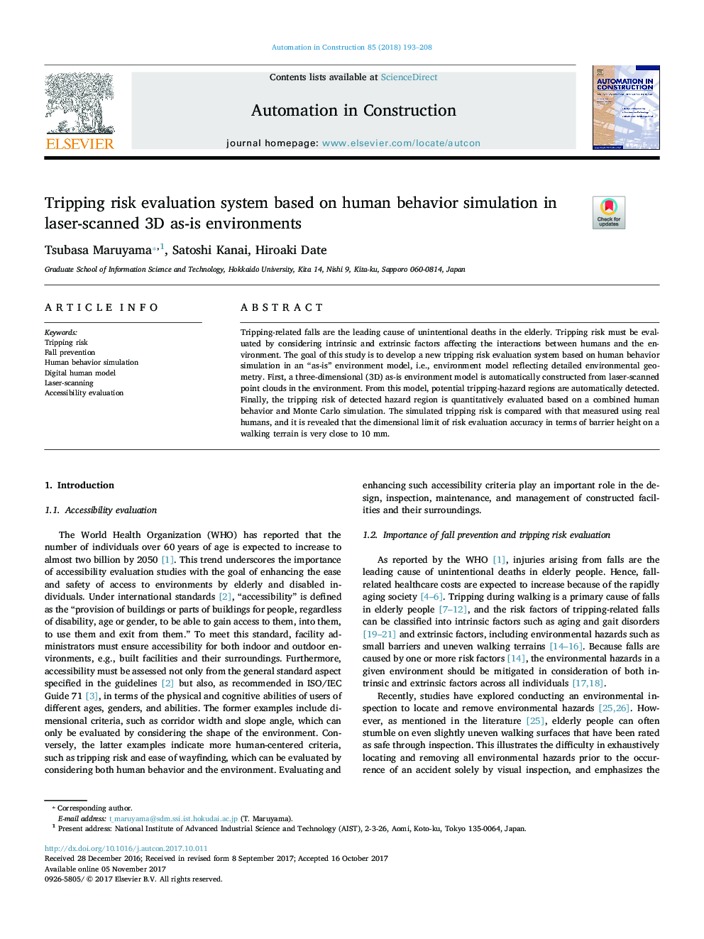 Tripping risk evaluation system based on human behavior simulation in laser-scanned 3D as-is environments